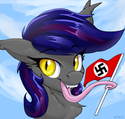 Size: 4196x4000 | Tagged: safe, artist:neoncel, edit, editor:strifesnout, oc, oc only, oc:firestarter, bat pony, pony, fangs, female, flag, holding a flag, icon, long tongue, mare, nazi, nazi flag, neck fluff, open mouth, prehensile tongue, solo, swastika, tongue out, tongue wrap