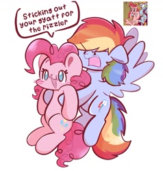 Size: 1617x1701 | Tagged: safe, artist:typhwosion, idw, imported from derpibooru, pinkie pie, rainbow dash, earth pony, pegasus, pony, :3, cringe comedy, disgusted, duo, female, gen alpha, gyatt, holding a pony, rainbow dash is not amused, rizzler, scene interpretation, slang, unamused