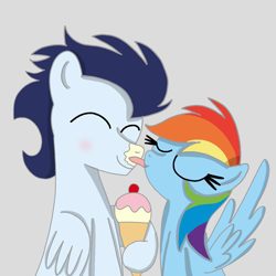 Size: 1400x1400 | Tagged: safe, artist:mrsdashskies, imported from derpibooru, rainbow dash, soarin', pegasus, pony, blushing, eyes closed, female, food, ice cream, licking, male, mare, shipping, smiling, soarindash, stallion, straight, tongue out