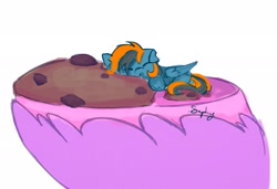 Size: 2501x1708 | Tagged: safe, artist:saphypone, imported from derpibooru, oc, oc only, oc:saphira moon, oc:skittle, pegasus, pony, cookie, food, holding a pony, micro, sleeping, tiny, tiny ponies