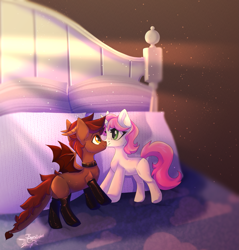 Size: 3385x3539 | Tagged: safe, artist:jsunlight, imported from derpibooru, oc, oc:bubblegum kiss, oc:whiskey dreams, bed, plushie