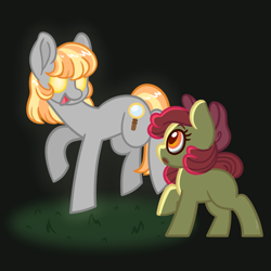 Size: 900x900 | Tagged: safe, artist:missmagicalgirl, imported from derpibooru, apple bloom, oc, oc:ruby (story of the blanks), earth pony, pony, story of the blanks, female, filly, foal, glowing