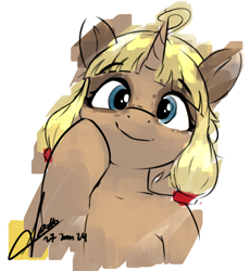 Size: 1776x1928 | Tagged: safe, artist:potato22, imported from derpibooru, oc, oc only, oc:syl, earth pony, unicorn, bipedal, bust, female, human shoulders, looking at you, mare, smiling, smiling at you, solo