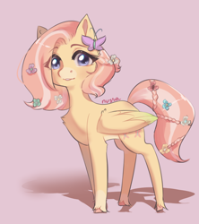 Size: 800x900 | Tagged: safe, artist:sally223, imported from derpibooru, fluttershy, pegasus, pony, alternate hairstyle, braid, chest fluff, coat markings, colored hooves, cute, female, flower, flower in hair, flower in tail, folded wings, looking at you, mare, pink background, shadow, short hair fluttershy, short mane, shyabetes, simple background, socks (coat markings), solo, tail, unshorn fetlocks, wings