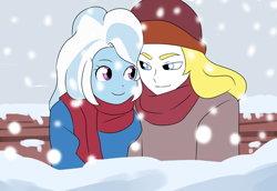 Size: 1280x879 | Tagged: safe, artist:qsky, color edit, edit, imported from derpibooru, prince blueblood, trixie, human, equestria girls, bluetrix, clothes, colored, duo, equestria girls-ified, female, male, scarf, shipping, snow, snowfall, straight