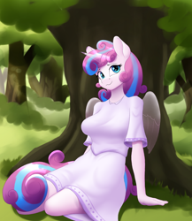 Size: 2000x2300 | Tagged: safe, artist:junglemango, imported from derpibooru, princess flurry heart, alicorn, anthro, clothes, dress, fanfic art, forest, nature, smiling, solo, tree