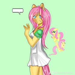 Size: 693x693 | Tagged: safe, artist:friedneuronss, imported from derpibooru, fluttershy, human, pegasus, pony, eared humanization, green background, humanized, looking at you, no pupils, simple background