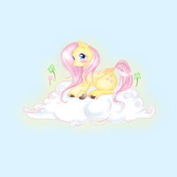 Size: 3000x3000 | Tagged: safe, artist:friedneuronss, imported from derpibooru, fluttershy, pegasus, pony, blue background, blushing, cloud, cute, female, lying down, lying on a cloud, mare, on a cloud, prone, shyabetes, simple background, solo, unshorn fetlocks