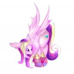 Size: 1974x1974 | Tagged: safe, artist:friedneuronss, imported from derpibooru, princess cadance, bat pony, bat pony unicorn, hybrid, pony, unicorn, balancing, ball, bat ponified, fangs, female, floppy ears, horn, mare, race swap, simple background, smiling, solo, white background