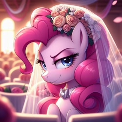 Size: 1024x1024 | Tagged: safe, imported from derpibooru, pinkie pie, pony, ai content, ai generated, blushing, clothes, dress, female, generator:dall-e 3, looking at you, mare, wedding dress