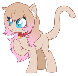 Size: 2845x2779 | Tagged: safe, artist:sinamuna, imported from derpibooru, oc, oc only, oc:kerfluffle, cat, cat pony, original species, pony, base used, bell, blue eyes, brown eyes, brown fur, brown hair, cat ears, cat tail, collar, female, fluffy hair, long hair, mare, pink hair, slit pupils, smiling, solo, tail