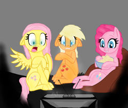 Size: 2616x2208 | Tagged: safe, artist:xxnation-foredawnxx, imported from derpibooru, applejack, fluttershy, pinkie pie, earth pony, pegasus, pony, female, food, popcorn, watching tv