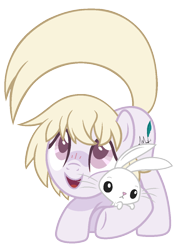 Size: 822x1148 | Tagged: safe, artist:sinamuna, imported from derpibooru, angel bunny, oc, oc only, oc:hushed quill, pony, rabbit, animal, base used, blonde hair, blushing, happy, male, purple eyes, purple fur, solo, stallion, yellow mane