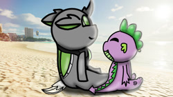 Size: 1192x670 | Tagged: safe, artist:foxfer64_yt, imported from derpibooru, spike, oc, oc only, oc:razor uniboop, changeling, dragon, original species, pony, beach, city, day, green changeling, honolulu, looking at someone, looking up, sitting, smiling