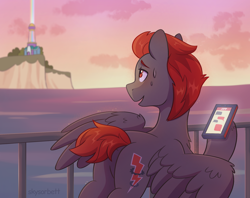 Size: 2374x1881 | Tagged: safe, artist:skysorbett, imported from derpibooru, oc, oc only, oc:fordik, pegasus, pony, cellphone, cloud, crystal brighthouse, g5, ocean, pegasus oc, phone, sky, smartphone, solo, sunset, sweat, water, wings