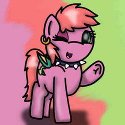 Size: 828x828 | Tagged: safe, artist:foxfer64_yt, imported from derpibooru, oc, oc only, bat pony, earth pony, original species, pony, art trade, choker, commission, jewelry, looking at you, one eye closed, raised hoof, ring, simple background, spiked choker, wink, winking at you