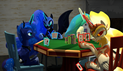 Size: 2994x1728 | Tagged: safe, artist:xafilah, imported from derpibooru, daybreaker, nightmare moon, princess celestia, princess luna, alicorn, pony, 3d, card, cheating, gmod, poker, source filmmaker