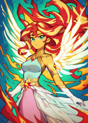 Size: 3840x5376 | Tagged: safe, editor:sammykun, imported from derpibooru, sunset shimmer, human, equestria girls, ai content, ai generated, breasts, busty sunset shimmer, clothes, cutie mark, daydream shimmer, dress, fiery mane, fiery wings, fire, generator:purplesmart.ai, generator:stable diffusion, gloves, gold, high res, humanized, long hair, looking at you, prompter:sammykun, reasonably sized breasts, request, requested art, serious, serious face, sweater, turtleneck, wings