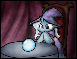 Size: 1008x772 | Tagged: safe, artist:zutcha, imported from derpibooru, trixie, pony, unicorn, crystal ball, female, looking at something, mare, meme, pondering, pondering my orb, solo
