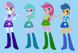 Size: 889x608 | Tagged: safe, artist:selenaede, artist:sillykids63, first base, ruby pinch, sweetie belle, series:my little filly: friendship is magic, equestria girls, adorabase, aura (g4), aurabetes, base used, blue background, boots, bowtie, clothes, cute, cutie mark, cutie mark on clothes, cutie mark on skirt, diasweetes, equestria girls-ified, female, g4, girly girl, jacket, mane four, pinchybetes, ribbon, shirt, shoes, simple background, smiling, tomboy