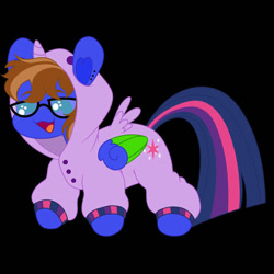 Size: 894x894 | Tagged: safe, artist:vvolfbreath, imported from derpibooru, twilight sparkle, oc, oc:bluebook, alicorn, pegasus, blue eyes, brown mane, chibi, colored wings, commission, ear piercing, earring, female, glasses, jewelry, mare, onesie, open mouth, pegasus oc, piercing, twilight sparkle (alicorn), two toned mane, wings, ych result