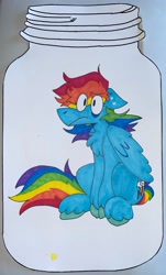 Size: 2295x3802 | Tagged: safe, artist:brynnstic, imported from derpibooru, rainbow dash, pegasus, pony, colored, coloring page, eye clipping through hair, eyebrows, eyebrows visible through hair, jar, lewd container meme, marker drawing, paper, simple background, solo, traditional art, white background