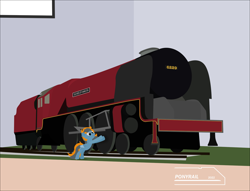 Size: 4096x3122 | Tagged: safe, artist:ponyrailartist, imported from derpibooru, oc, oc only, oc:skittle, pegasus, pony, locomotive, micro, scale model, solo, steam locomotive, tiny, tiny ponies, train