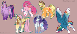 Size: 1280x572 | Tagged: safe, artist:modharvest, imported from derpibooru, applejack, fluttershy, pinkie pie, rainbow dash, rarity, twilight sparkle, alicorn, earth pony, pegasus, pony, unicorn, brown background, coat markings, colored hooves, female, glasses, hoof polish, large wings, mane six, mare, redesign, simple background, snorting, socks (coat markings), spread wings, straw in mouth, twilight sparkle (alicorn), wings