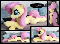 Size: 1280x952 | Tagged: safe, artist:purplenebulastudios, imported from derpibooru, fluttershy, pegasus, pony, irl, lying down, photo, plushie, prone, smiling, solo, sploot