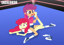 Size: 935x661 | Tagged: safe, imported from ponybooru, apple bloom, scootaloo, trixie, human, equestria girls, barefoot, breasts, clothes, duo, duo female, feet, female, fetish, foot fetish, foot worship, licking, licking foot, reference, shoes, shorts, sneakers, socks, spongebob reference, spongebob squarepants, sports, sports shorts, the fry cook games, tongue out, wrestling