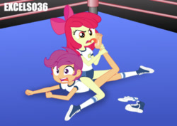 Size: 935x661 | Tagged: safe, imported from ponybooru, apple bloom, scootaloo, trixie, human, equestria girls, barefoot, breasts, clothes, duo, duo female, feet, female, fetish, foot fetish, foot worship, licking, licking foot, reference, shoes, shorts, sneakers, socks, spongebob reference, spongebob squarepants, sports, sports shorts, the fry cook games, tongue out, wrestling