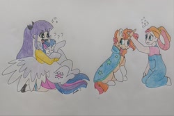 Size: 2048x1366 | Tagged: safe, artist:doodletheexpoodle, imported from derpibooru, twilight sparkle, oc, alicorn, human, pony, unicorn, colored pencil drawing, female, hape, hug, human oc, male, mare, offspring, open mouth, open smile, parent:sunburst, parent:twilight sparkle, parents:twiburst, personal space invasion, smiling, stallion, traditional art, twilight sparkle (alicorn), twilight sparkle is not amused, unamused, woonoggles