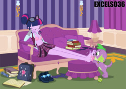 Size: 936x661 | Tagged: safe, artist:excelso36, imported from ponybooru, spike, spike the regular dog, twilight sparkle, dog, human, equestria girls, barefoot, book, bra, clothes, couch, feet, female, fetish, foot fetish, foot worship, glasses, licking, licking foot, open clothes, open shirt, shirt, sleeping, spike the dog, tongue out, underwear