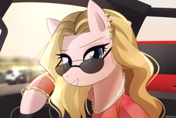 Size: 1050x700 | Tagged: safe, artist:riouku, imported from derpibooru, earth pony, pony, bracelet, car, clothes, commission, ear piercing, earring, eyeshadow, female, grin, jewelry, makeup, mean girls, necklace, piercing, ponified, regina george, shirt, smiling, solo, sunglasses