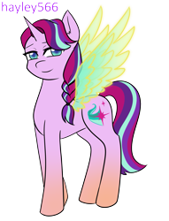 Size: 1451x1904 | Tagged: safe, artist:hayley566, imported from derpibooru, starlight glimmer, sunny starscout, alicorn, pony, female, fusion, g5, mare, markings, multicolored hair, race swap, simple background, solo, sunnycorn, transparent background