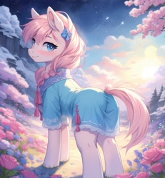 Size: 768x832 | Tagged: safe, imported from derpibooru, earth pony, pony, ai content, ai generated, blue dress, blue eyes, flower, generator:stable diffusion, pink mane, pink pony, prompter:panzglard