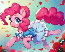 Size: 1280x1024 | Tagged: safe, imported from derpibooru, pinkie pie, ai content, ai generated, blue dress, blue eyes, flower, generator:stable diffusion, jumping, pink mane, pink pony, prompter:panzglard, rose, ruffles