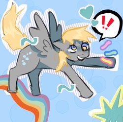 Size: 1080x1074 | Tagged: safe, artist:coc0pepper, imported from derpibooru, derpy hooves, pegasus, pony, blue background, exclamation point, female, head, mare, rainbow, simple background, smiling, solo, spread wings, wings