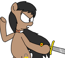 Size: 3351x3023 | Tagged: safe, artist:professorventurer, imported from derpibooru, oc, oc:victoria london, bowtie, loose hair, missing accessory, recolor, sword, weapon, windswept mane