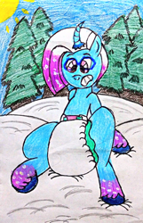 Size: 1954x3040 | Tagged: safe, artist:bitter sweetness, imported from derpibooru, unicorn, abdl, adult foal, comet (g5), diaper, diaper fetish, fetish, g5, non-baby in diaper, poofy diaper, secrets of starlight, snow, traditional art