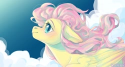 Size: 2048x1096 | Tagged: safe, artist:dorry, imported from derpibooru, fluttershy, pegasus, pony, blushing, bust, cloud, ear blush, female, floppy ears, looking up, mare, sky, smiling, solo, windswept mane