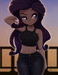 Size: 781x1000 | Tagged: safe, artist:the-park, imported from ponybooru, rarity, equestria girls, arm behind head, belly button, breasts, busty rarity, clothes, denim, female, jeans, looking around, midriff, pants, solo, sunset, tanktop, wide hips