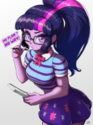 Size: 744x1000 | Tagged: safe, artist:the-park, imported from ponybooru, sci-twi, twilight sparkle, equestria girls, female, glasses, notebook, simple background, solo, talking to viewer, white background