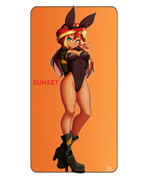 Size: 848x1000 | Tagged: safe, artist:the-park, imported from ponybooru, sunset shimmer, equestria girls, boots, breasts, bunny ears, bunny suit, busty sunset shimmer, cleavage, clothes, female, grin, high heel boots, jacket, leotard, looking at you, shoes, simple background, smiling, smiling at you, solo, white background