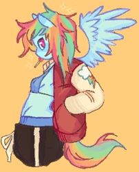Size: 1100x1363 | Tagged: safe, artist:fangfkr, imported from derpibooru, rainbow dash, anthro, pegasus, bikini, bikini top, breasts, candy, clothes, female, food, hand in pocket, jacket, lollipop, looking at you, mare, midriff, mouth hold, orange background, reasonably sized breasts, sideboob, simple background, solo, spread wings, swimsuit, wings