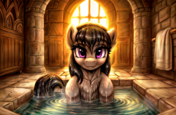 Size: 2048x1344 | Tagged: safe, anonymous artist, imported from derpibooru, octavia melody, earth pony, pony, ai content, ai generated, bathing, bathroom, blushing, castle, chest fluff, detailed background, ear fluff, female, feral, fluffy, front view, generator:easyfluff v11.2, generator:stable diffusion, high res, human shoulders, looking at you, partially submerged, png, purple eyes, smiling, solo, water, wet, wet fur, wet mane