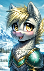 Size: 1280x2048 | Tagged: safe, anonymous artist, imported from derpibooru, derpy hooves, pony, ai content, ai generated, armor, armored pony, blonde mane, blushing, bust, chest fluff, detailed background, ear fluff, female, feral, fluffy, generator:easyfluff v11.2, generator:stable diffusion, happy, high res, looking at you, mare, png, portrait, smiling, smiling at you, snow, solo, yellow eyes