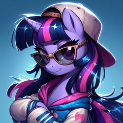 Size: 1024x1024 | Tagged: safe, imported from derpibooru, twilight sparkle, ai content, ai generated, clothes, cool, generator:dall-e 3, hat, jacket, looking at you, solo focus, sunglasses