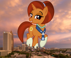 Size: 1875x1524 | Tagged: safe, artist:cheezedoodle96, edit, editor:jaredking779, imported from derpibooru, stellar flare, pony, unicorn, atlanta, attack on pony, coat markings, female, georgia (state), giant pony, giantess, grin, highrise ponies, irl, jewelry, looking at you, macro, mare, necklace, pearl necklace, photo, ponies in real life, raised hoof, red eyes, smiling, socks (coat markings), solo, story included