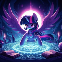 Size: 1024x1024 | Tagged: safe, imported from derpibooru, twilight sparkle, alicorn, ai content, ai generated, candle, evil, generator:dall-e 3, magic, magic circle, twilight sparkle (alicorn)